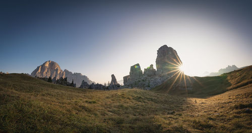 Panoramic view of land and mountains against clear sky