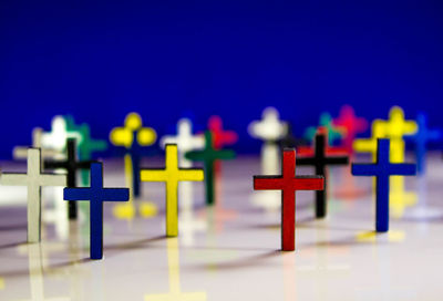 Close-up of toys against clear blue sky