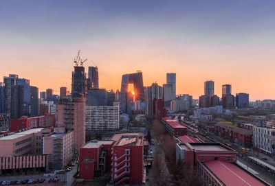 City skyline at sunset