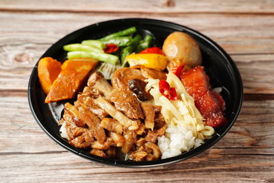 High angle view of meal served in bowl on table