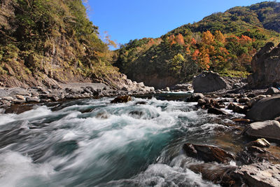 Scenic view of waterfall against sky