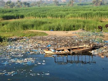 High angle view of abandoned ship in river