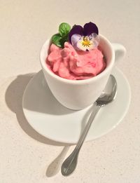 Close-up of dessert in cup on table