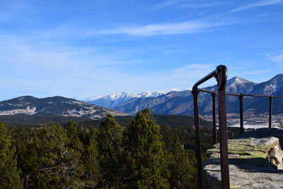 Scenic view of mountains against blue sky