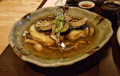 High angle view of food in plate on table