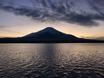 Scenic view of lake against cloudy sky