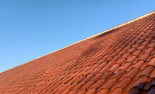 Low angle view of building roof against clear sky