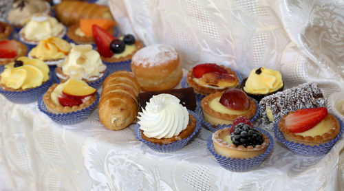High angle view of cupcakes on table