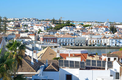 High angle view of townscape against clear sky