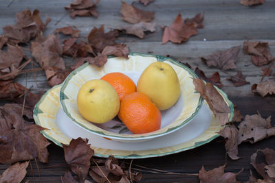 High angle view of fruits and leaves on table