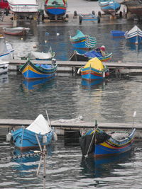 High angle view of boats moored in sea