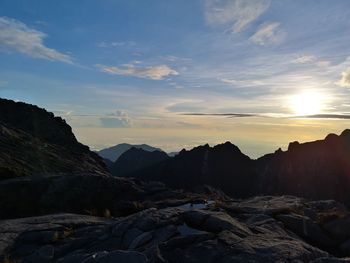 Scenic view of mountains against sky during sunset