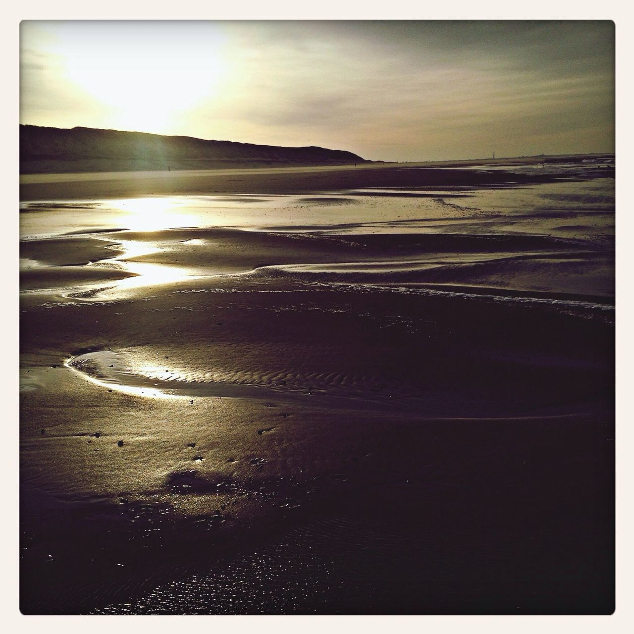 transfer print, water, auto post production filter, tranquility, sea, tranquil scene, scenics, beach, beauty in nature, nature, reflection, sun, sunset, sunlight, sky, shore, sand, idyllic, outdoors, no people