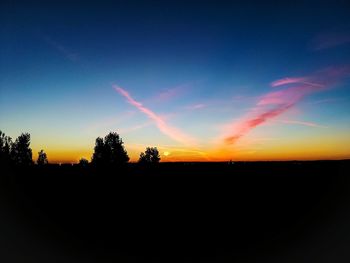 Silhouette trees on field against sky at sunset