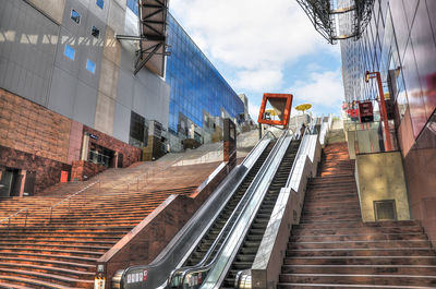 Railroad tracks amidst buildings in city against sky