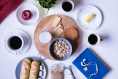 High angle view of breakfast on table