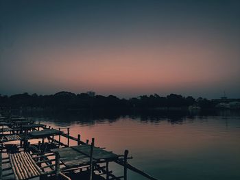 Scenic view of lake against clear sky at sunset