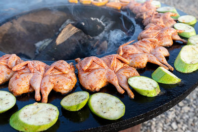 High angle view of vegetables on barbecue