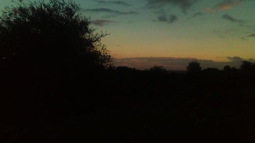 Silhouette trees on landscape against sky at sunset