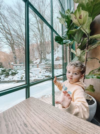 Portrait of cute boy looking through window