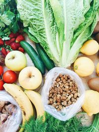 Directly above shot of fruits and vegetables on table