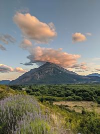 Scenic view of mountain against clouds and sky