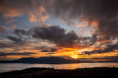 Scenic view of sea against dramatic sky during sunset