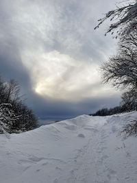 Snow covered landscape against sky