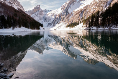 Scenic view of lake and snowcapped mountains