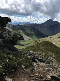 Scenic view of mountains against cloudy sky