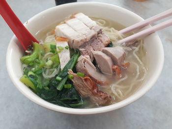 High angle view of soup in bowl