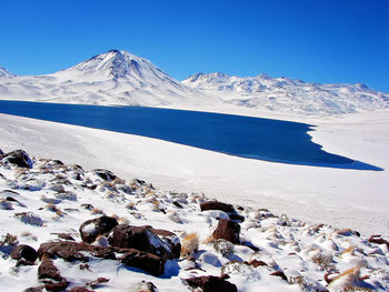 Scenic view of snowcapped mountains against clear blue sky