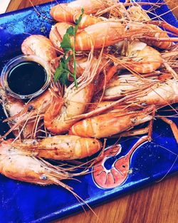 High angle view of seafood served in plate