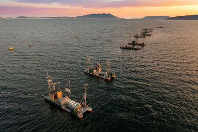 Reefnet salmon fishing boats all in a row. seen off lummi island in the pacific northwest.