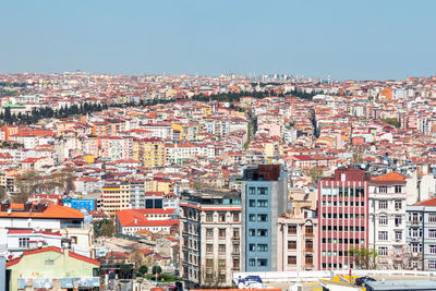 High angle view of townscape against clear sky