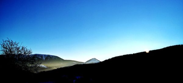 Scenic view of silhouette mountains against clear blue sky