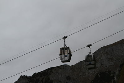 Low angle view of overhead cable car against sky