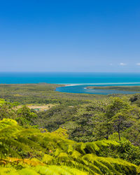 Scenic view of sea against clear blue sky