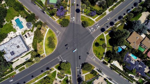 High angle view of road amidst buildings in city