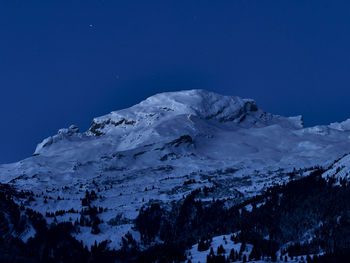 Scenic view of snowcapped mountains against sky at night