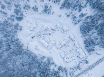 High angle view of snow covered land