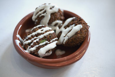 High angle view of dessert in plate on table