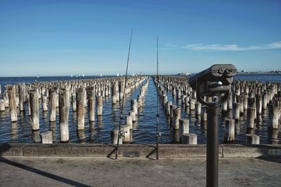 Wooden posts on beach against sky