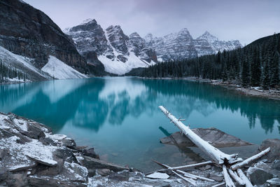 Panoramic view of lake and snowcapped mountains