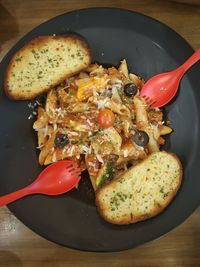 High angle view of breakfast served in plate