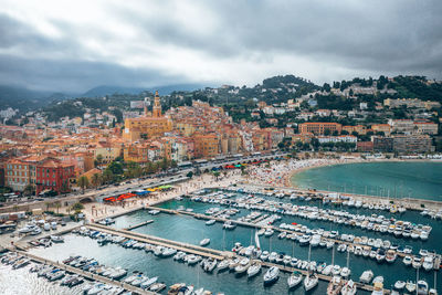 Aerial view of townscape against sky