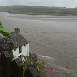 High angle view of building by sea