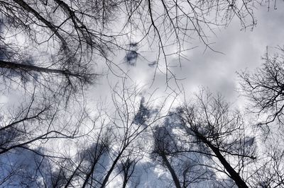 Low angle view of bare tree against cloudy sky