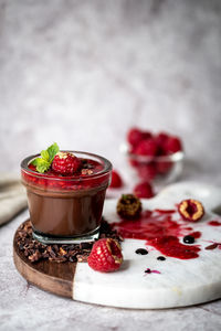 Close-up of sweet food in glass bowl on table