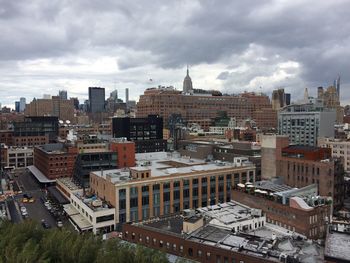 High angle view of cityscape against cloudy sky